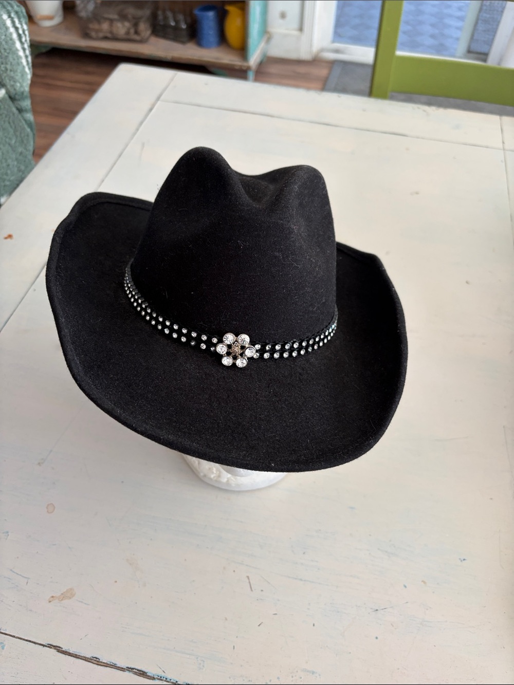 Shyanne girls Black Western Felt Hat with Rhinestone Flower Accent